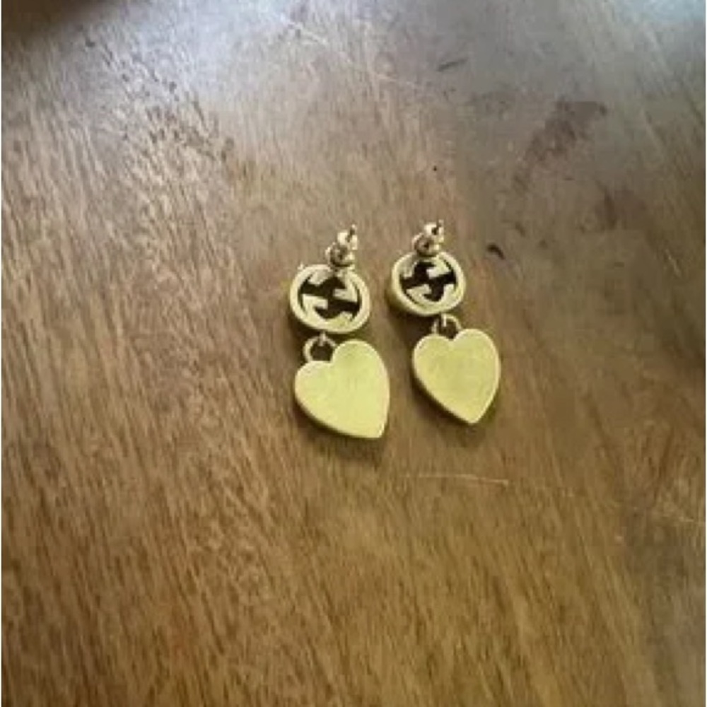 Gold Heart Drop Earrings with Interlocking Logo Accent - Picture 2 of 7